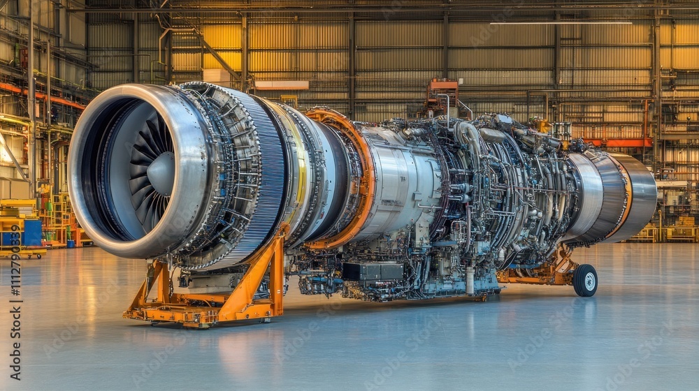 Gigantic Jet Engine in Industrial Hangar