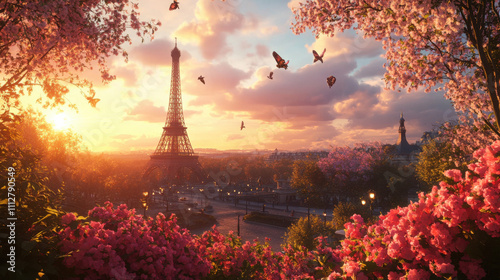 Breathtaking Sunset Over Eiffel Tower Surrounded by Blossoming Flowers and Graceful Butterflies in a Romantic Parisian Scene