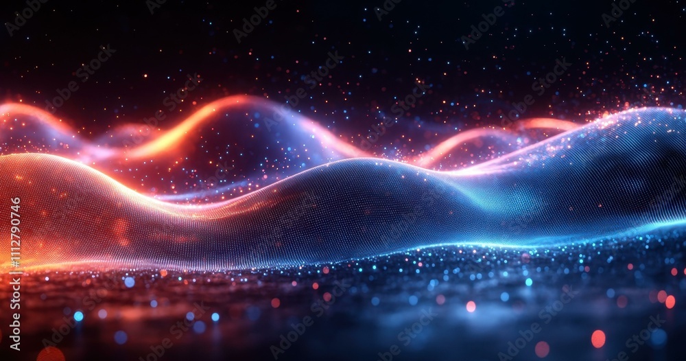 A Dots and waveforms Futuristic digital artwork featuring undulating lines data points and waveforms in blue and orange tones A Dots and waveforms Futuristic digital artwork featuring undulating lines data points and waveforms in blue and orange tones