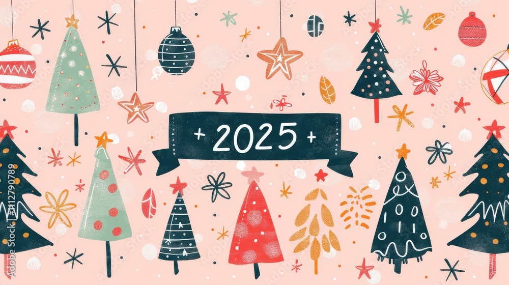 Fototapeta premium 2025 festive scene with retro theme and Christmas elements