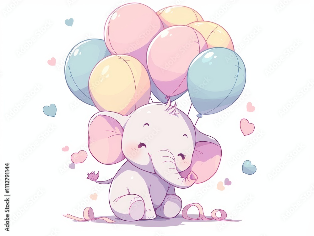 A cute elephant holding colorful balloons, conveying joy and celebration.