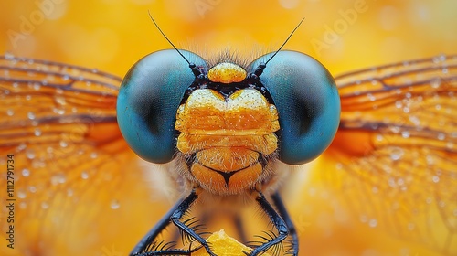 exceptional close up of a zygoptera dragonfly s eye in the wild the dragonfly s eye detail up close is minuscule dragonfly on a leaf of yellow focused only on some photo