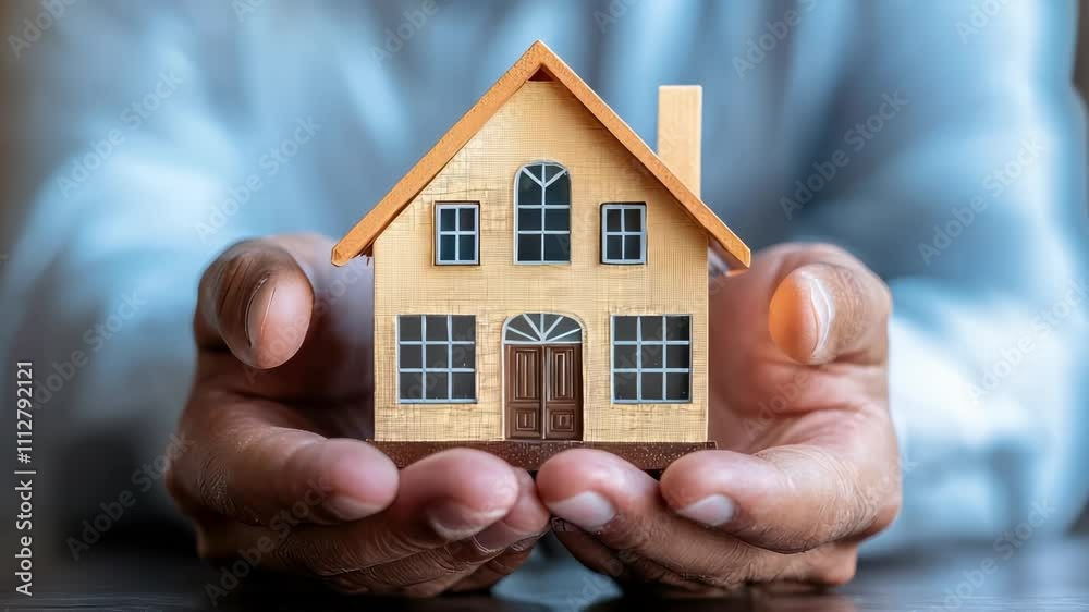 Real estate agent holding house model in hands. Business concept buying property, mortgage, housing investment, and home insurance. Sale residential building with finance agreement and banking loan. Real estate agent holding house model in hands. Business concept buying property, mortgage, housing investment, and home insurance. Sale residential building with finance agreement and banking loan.