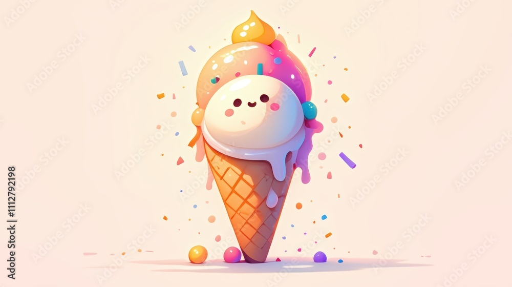A cute ice cream cone with colorful scoops and sprinkles. A cute ice cream cone with colorful scoops and sprinkles.