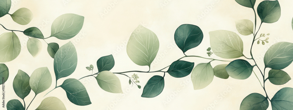 A minimalist pattern of geometric leaves in pastel green, alternating with small floral accents on a light beige canvas A minimalist pattern of geometric leaves in pastel green, alternating with small floral accents on a light beige canvas