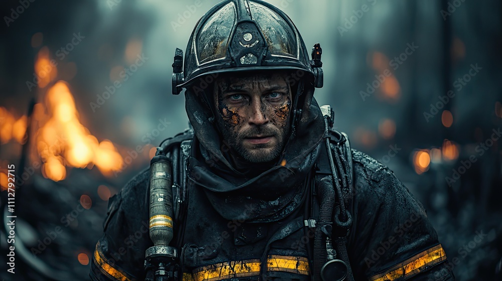 firefighter in an apocalyptic city fighting a fire wearing a futuristic firefighter outfi firefighter in an apocalyptic city fighting a fire wearing a futuristic firefighter outfi