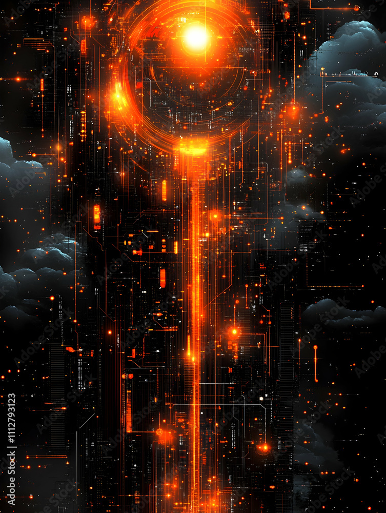 Fototapeta premium Glowing orange energy beam descends through dark clouds, futuristic digital circuit board backdrop.