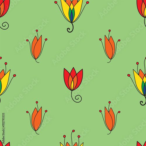 seamless repeat pattern with colorful floral motifs on a light green background perfect for fabric, scrap booking, wallpaper, gift wrap projects