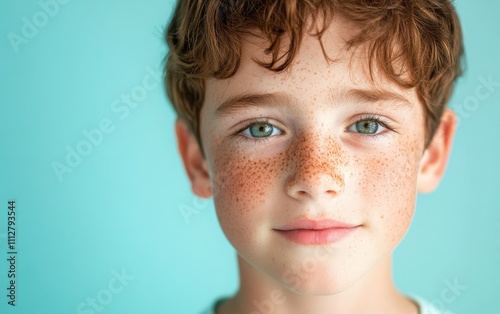A close-up portrait of a handsome boy with freckles, isolated on a light blue background, showcasing detailed skin texture and natural expression 