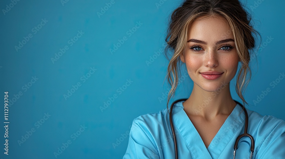 friendly nurse isolated against a blue background using stethoscop friendly nurse isolated against a blue background using stethoscop