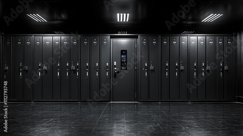 front face of modern monochromatic gym locker door with a digital lock panel close flat front view angl photo