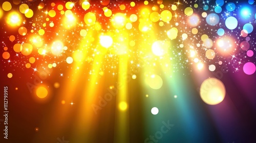 Abstract rainbow light burst background with sparkles and glowing rays.