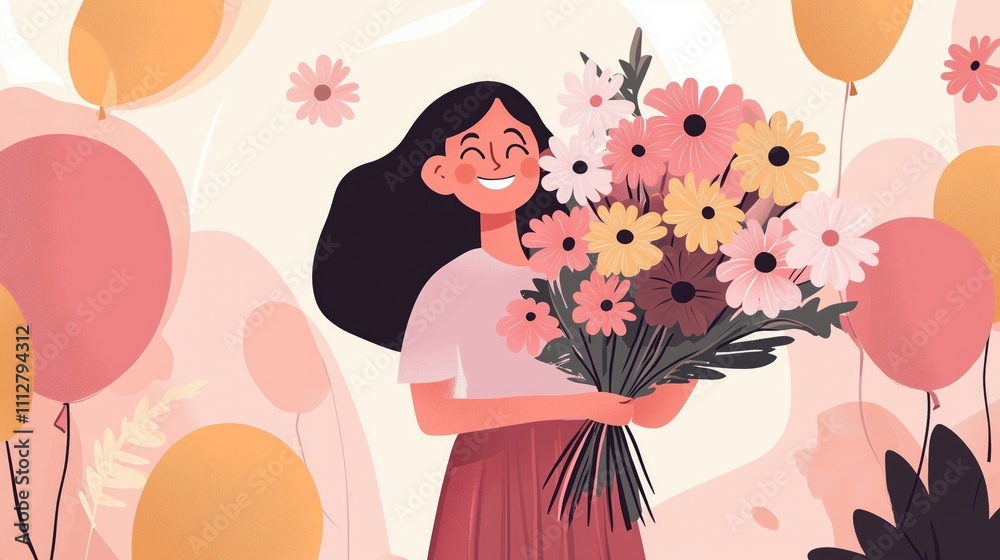 A happy girl holds a huge bouquet of flowers A happy girl holds a huge bouquet of flowers