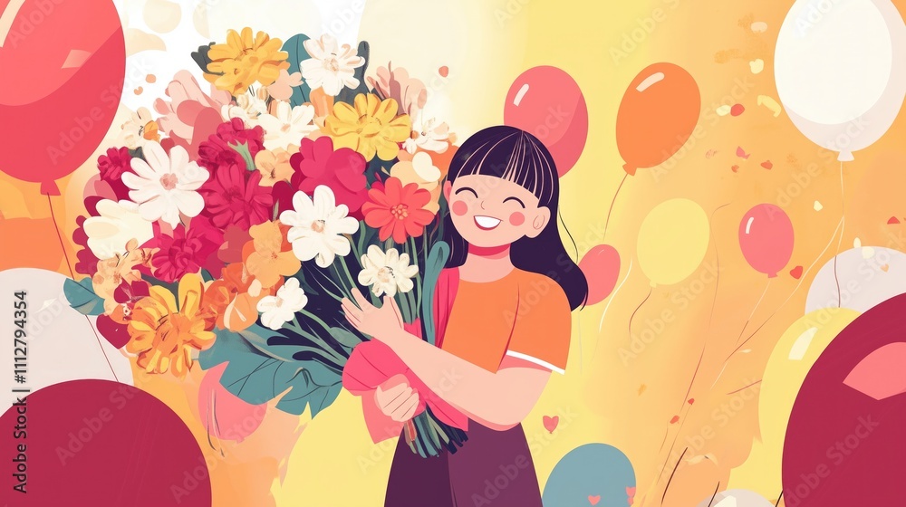 A happy girl holds a huge bouquet of flowers, a bouquet of balloons in the background A happy girl holds a huge bouquet of flowers, a bouquet of balloons in the background