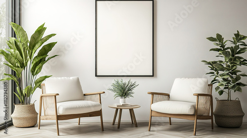 Chic living room featuring two armchairs and a big poster on a clean white wall