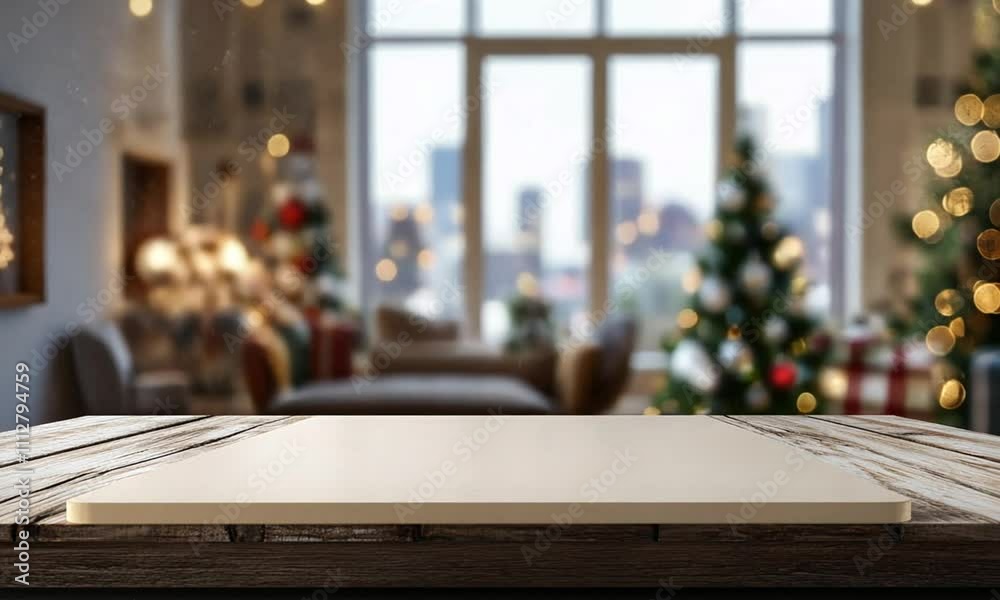 A cozy indoor setting with a wooden table, holiday decorations, and a view of a cityscape. A cozy indoor setting with a wooden table, holiday decorations, and a view of a cityscape.