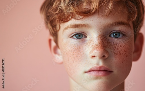 A portrait of a handsome freckled boy, isolated on a light pink background, with a focus on his detailed skin texture and expressive facial features in a close-up shot