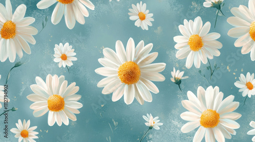 A pattern of floating daisies in pastel yellow and white, gently scattered over a muted blue background
