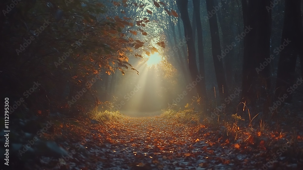 A forest path is illuminated by the sun, casting a warm glow on the leaves A forest path is illuminated by the sun, casting a warm glow on the leaves