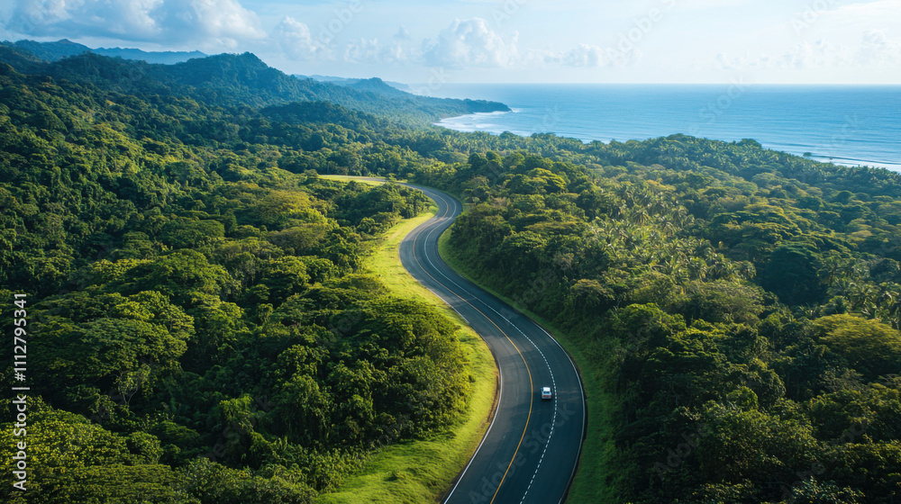 Fototapeta premium Serene Coastal Road Surrounded by Lush Greenery and Stunning Ocean Views, Perfect for Travel and Adventure Enthusiasts Seeking Natural Beauty