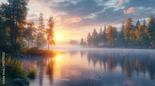 Sunrise Serenity on a Misty Autumn Lake: A Breathtaking Forest Scene