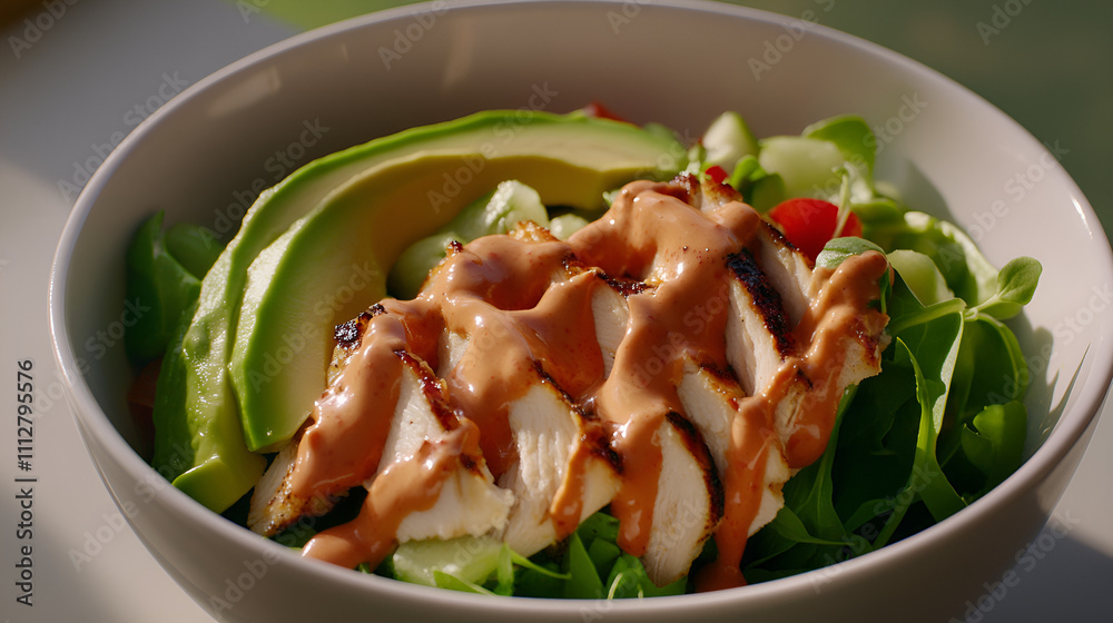 Grilled chicken salad with avocado, greens, and dressing in a bowl for healthy meal concept
Grilled chicken salad with avocado, greens, and dressing in a bowl for healthy meal concept