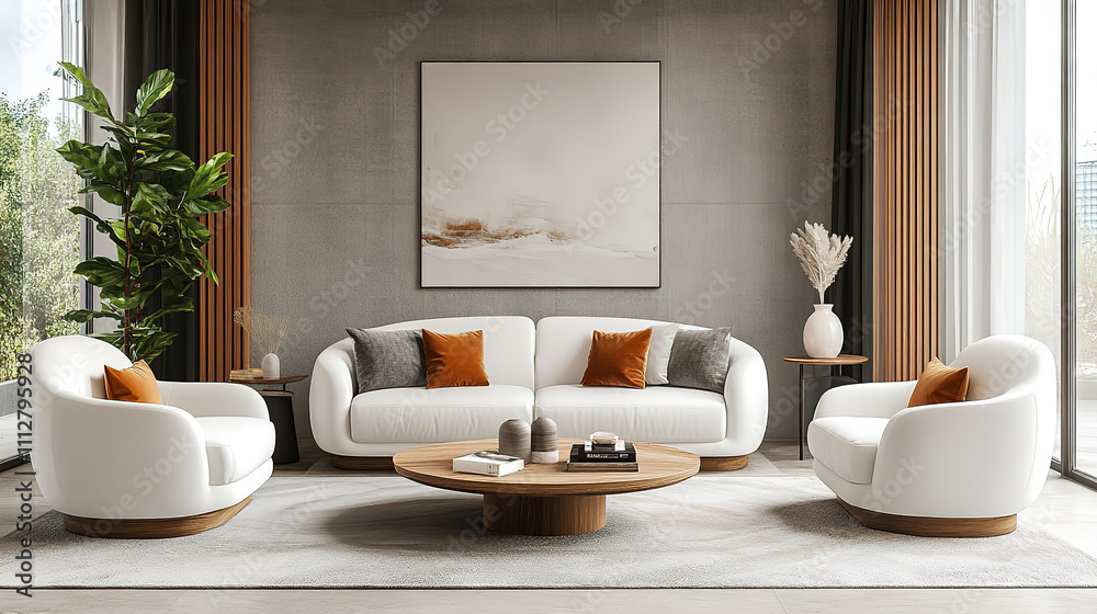 Chic Scandinavian interior with a white sofa, armchairs, and a serene living room atmosphere Chic Scandinavian interior with a white sofa, armchairs, and a serene living room atmosphere