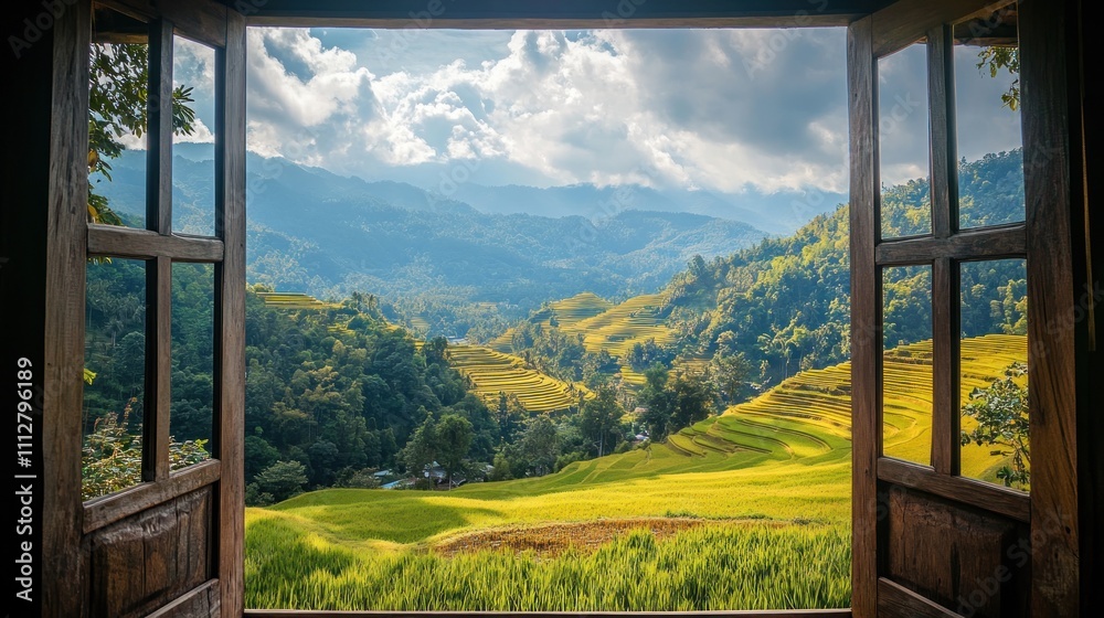Fototapeta premium Breathtaking View from an Open Window: Serene Mountain Landscape