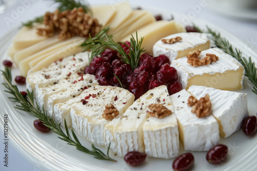 A platter of assorted soft cheeses, including camembert and goat cheese, with minimalistic garnishes photo