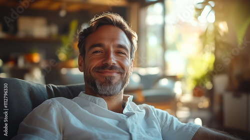 Smiling man relaxing indoors with natural light during a calm afternoon. Generative AI
