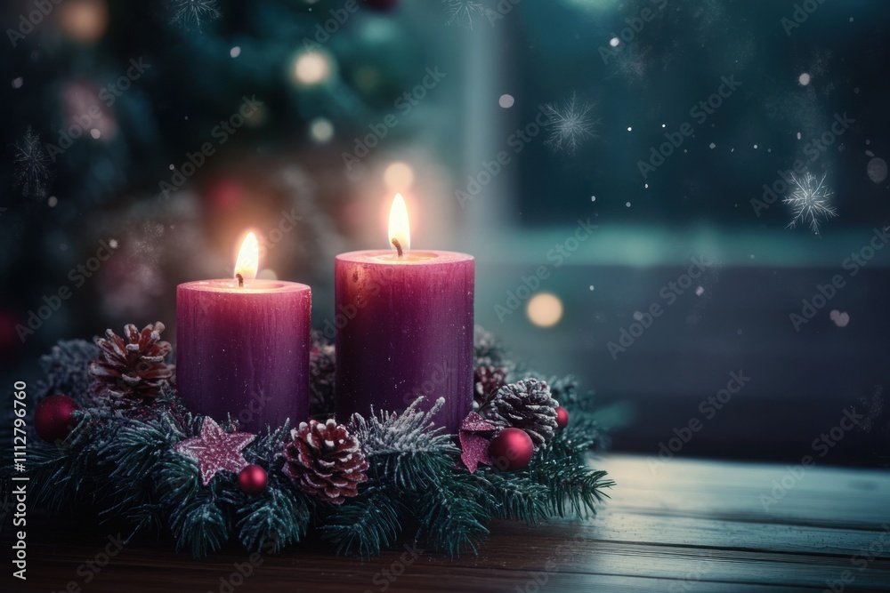 Advent wreath with the first lit candle and Christmas decoration outdoors in a patio at night in bluish light, snowy bokeh, copy space, colorized photo, selected focus Advent wreath with the first lit candle and Christmas decoration outdoors in a patio at night in bluish light, snowy bokeh, copy space, colorized photo, selected focus