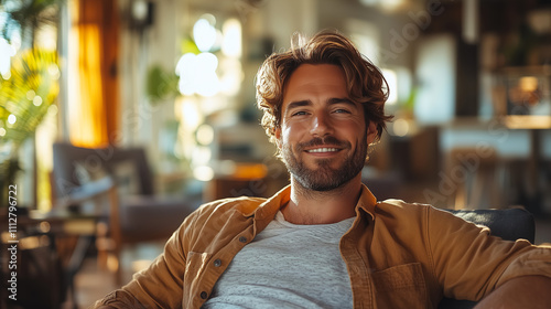 Man with wavy hair smiles while relaxing in a cozy, sunlit cafe with plants around him in the afternoon. Generative AI