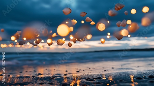 Shell garlands catching the light above a sandy beach at twilight photo