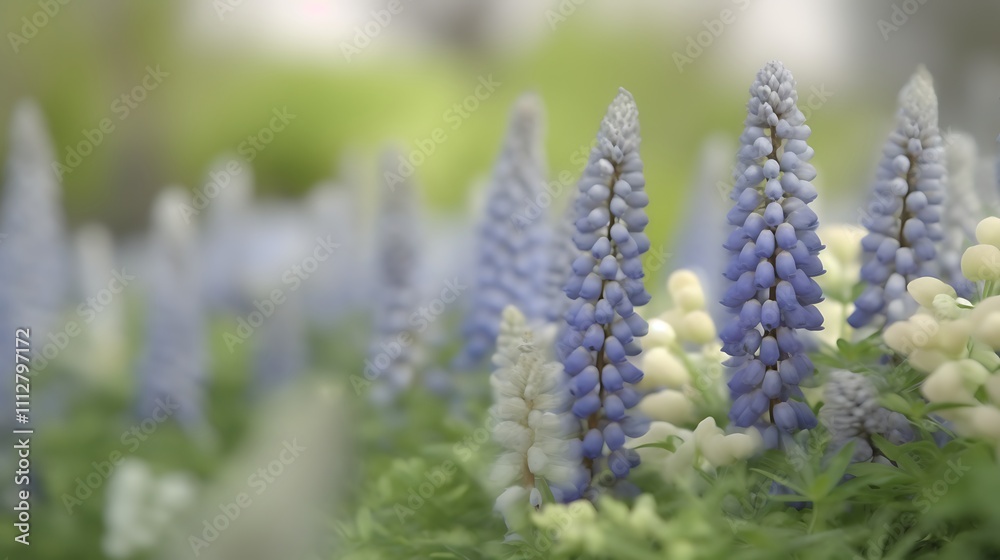 Blue and White Lupine Flowers in a Garden Setting Blue and White Lupine Flowers in a Garden Setting