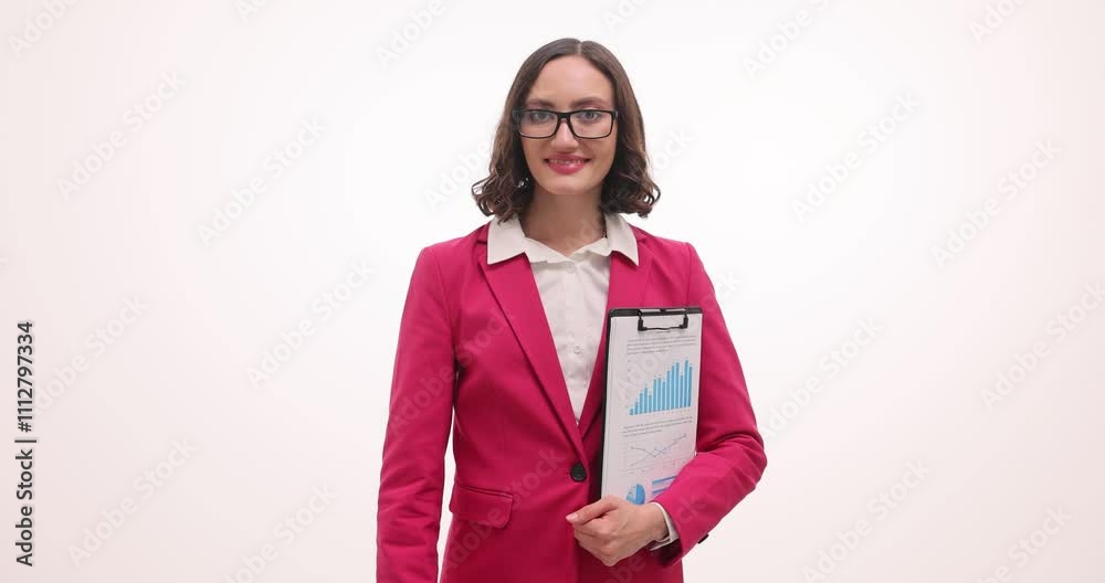 Businesswoman holds clipboard with neatly attached document on white background. Female forms OK sign with fingers to indicate approval of project Businesswoman holds clipboard with neatly attached document on white background. Female forms OK sign with fingers to indicate approval of project