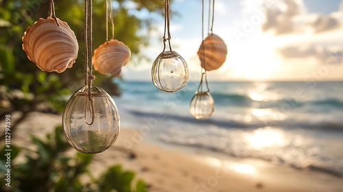 Hanging shell wind chimes in the foreground with a soft sandy beach in the background