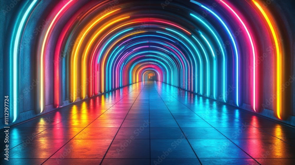 Neon Light Tunnel with Colorful Arches and Reflections on Floor Neon Light Tunnel with Colorful Arches and Reflections on Floor