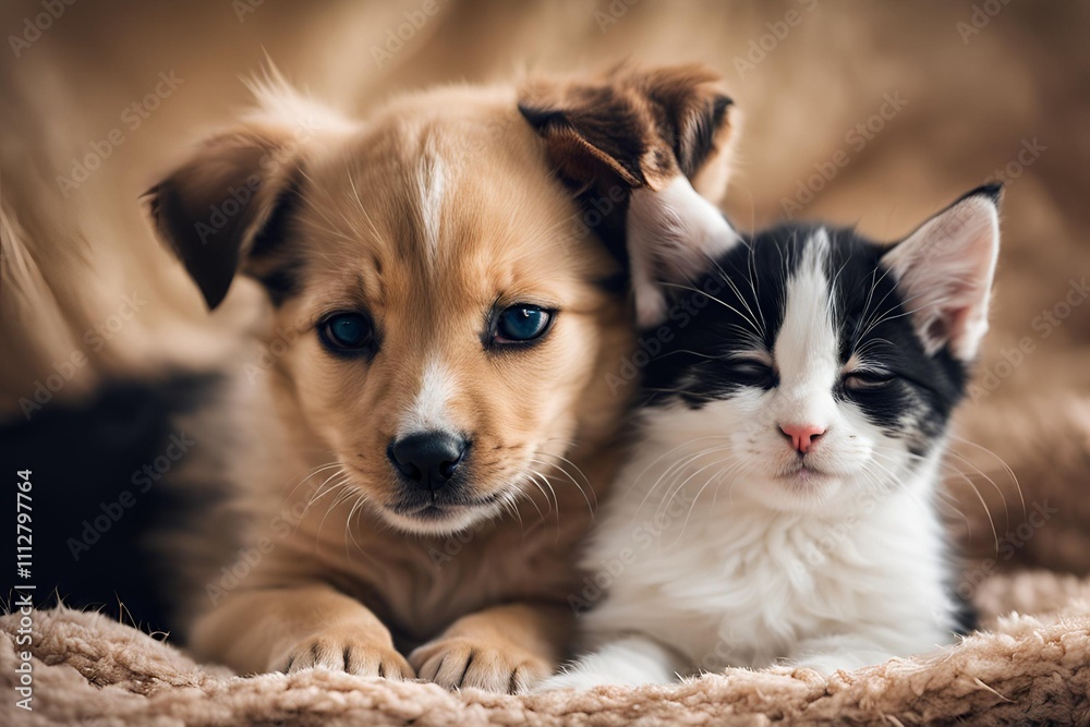 A sleepy puppy and kitten curled up together on a soft blanket, resting peacefully in a warm, soothing atmosphere. A sleepy puppy and kitten curled up together on a soft blanket, resting peacefully in a warm, soothing atmosphere.