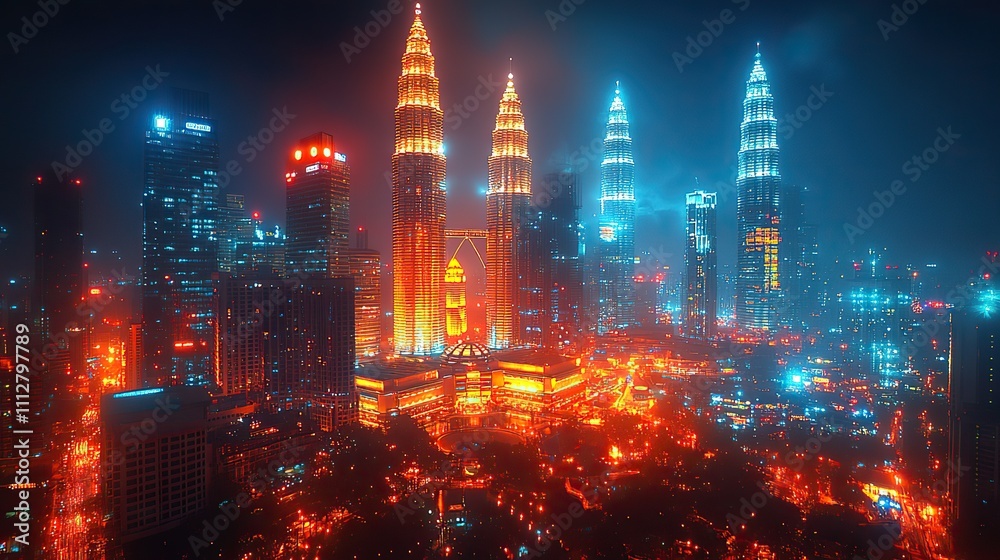 Obraz premium holographic information flow with a nighttime panorama of kuala lumpur s cityscape the biggest technology hub in malaysia asia is kl the notion of scientific programming double exposur