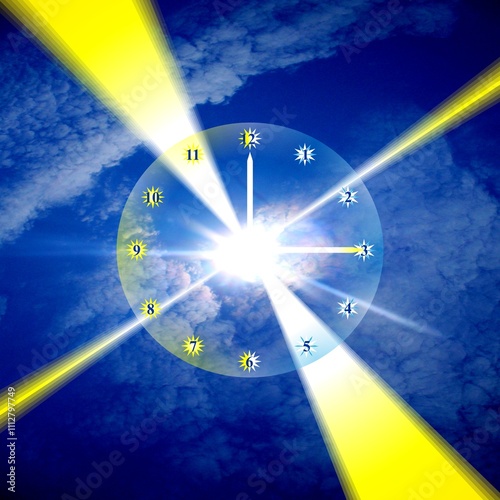 Abstract blue sky with clocks face with pointers, numbers, suns, sun rays and stars - graphics. Topics: time change, sun energy, weather, computer art, cosmos, air space, abstraction, wallpaper