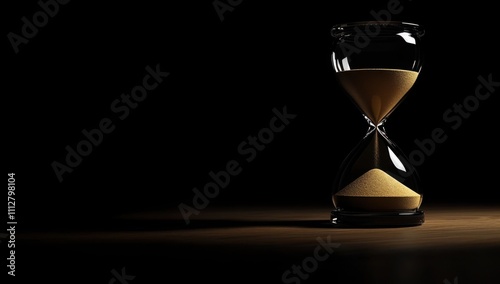 Hourglass with golden sand falling on black background symbolizing passing time