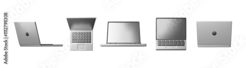 3D set of cartoon laptop computer isolated. Render collection of notebook LCD display mock up with blank screen. Mobile computer device icon. Technology concept. 3D rendering. Vector illustration