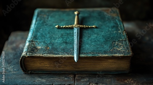holy bible old book with a sword on a dark background selective focus