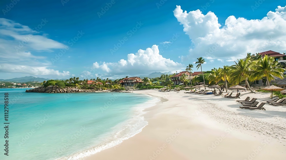 Fototapeta premium A beach with a clear blue ocean and a few palm trees