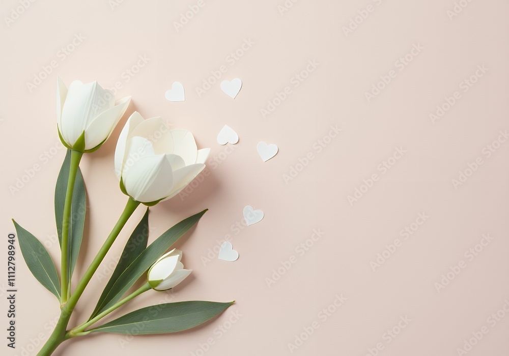 Fototapeta premium Top view photo of cute white eustomas green flower buds and leaves with white paper confetti in shape of hearts on the pastel turquoise isolate background blank space