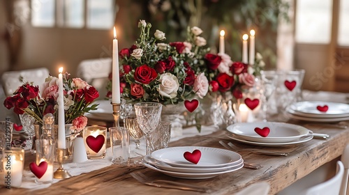 A table is set with a beautiful floral arrangement and a heart-shaped candle