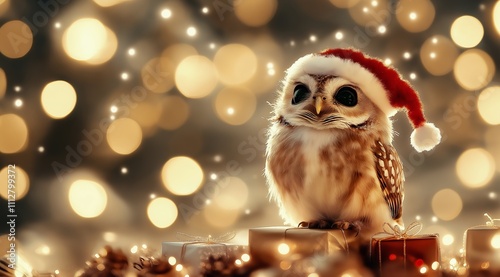 owl in santa hat sitting on a pile of gifts. Background with space for text. Concept of christmas and new year celebration