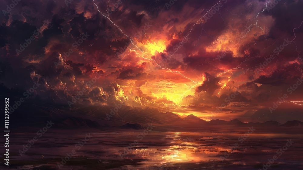 Sunset with colorful clouds and lightning over a serene landscape. Sunset with colorful clouds and lightning over a serene landscape.