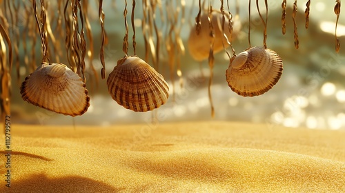 Coastal scene with hanging seashells swaying gently over warm golden sand photo