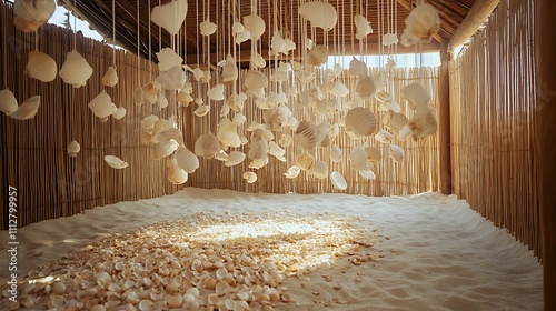 Beach hut decorated with hanging seashells above a soft sandy floor